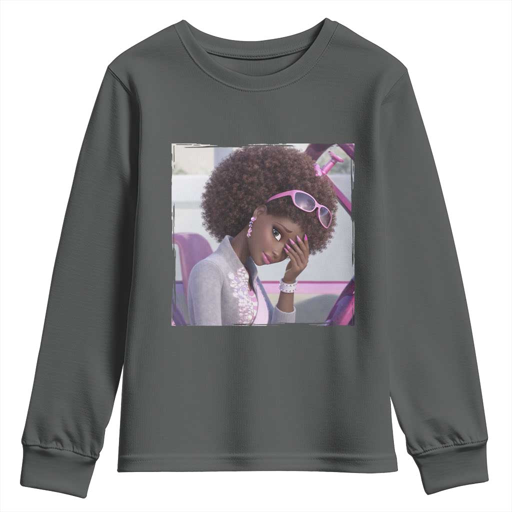 Disgusted Black Doll Meme Youth Sweatshirt Funny Sassy Reaction Afro Girl With Attitude TS10 Dark Heather Print Your Wear