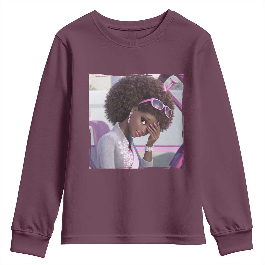 Disgusted Black Doll Meme Youth Sweatshirt Funny Sassy Reaction Afro Girl With Attitude TS10 Maroon Print Your Wear