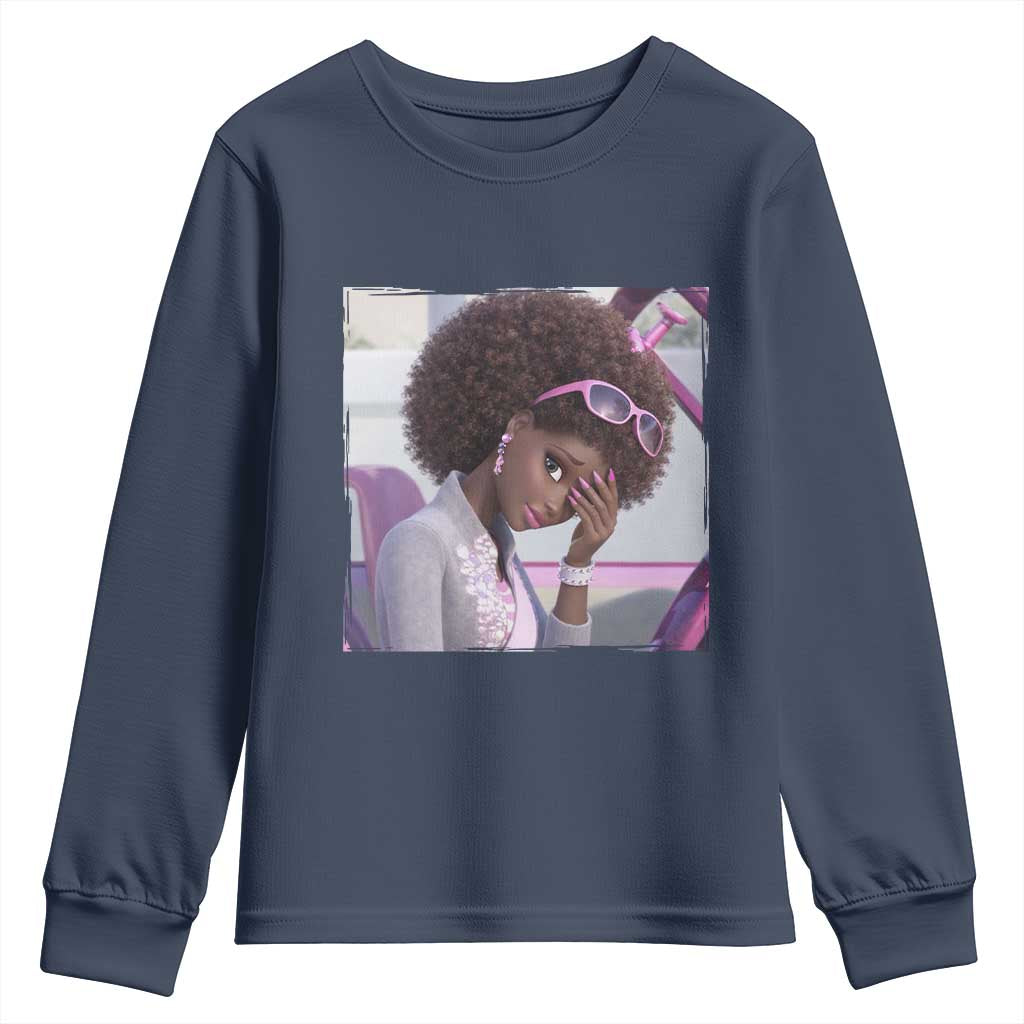 Disgusted Black Doll Meme Youth Sweatshirt Funny Sassy Reaction Afro Girl With Attitude TS10 Navy Print Your Wear