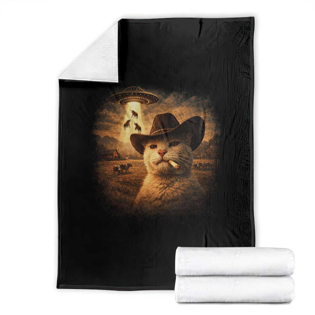 Funny Cowboy Cat UFO Throw Blanket Retro Western Rodeo Meme Cats Lover Gift TS10 Black Print Your Wear