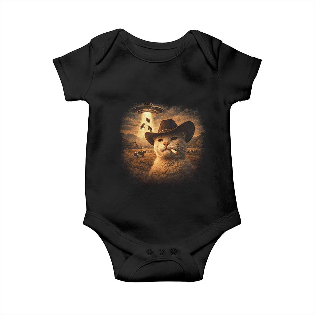 Funny Cowboy Cat UFO Baby Onesie Retro Western Rodeo Meme Cats Lover Gift TS10 Black Print Your Wear