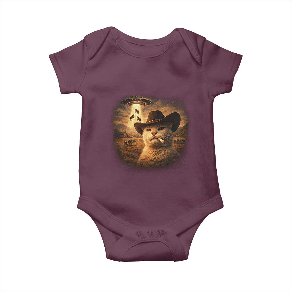 Funny Cowboy Cat UFO Baby Onesie Retro Western Rodeo Meme Cats Lover Gift TS10 Maroon Print Your Wear