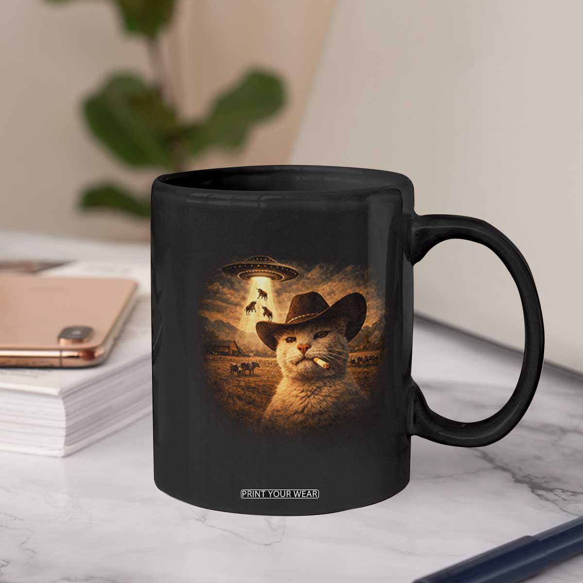 Funny Cowboy Cat UFO Coffee Mug Retro Western Rodeo Meme Cats Lover Gift TS10 Print Your Wear