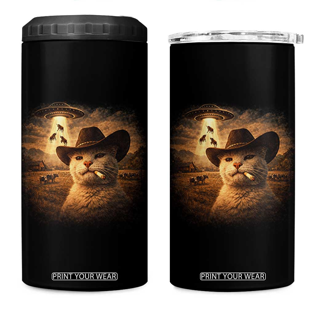 Funny Cowboy Cat UFO 4 in 1 Can Cooler Tumbler Retro Western Rodeo Meme Cats Lover Gift TS10 One Size: 16 oz Black Print Your Wear