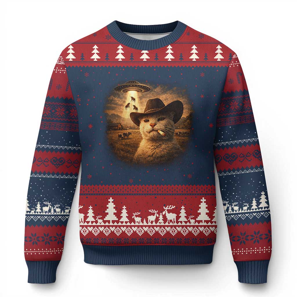 Funny Cowboy Cat UFO Ugly Christmas Sweater Retro Western Rodeo Meme Cats Lover Gift TS10 Navy Red Print Your Wear