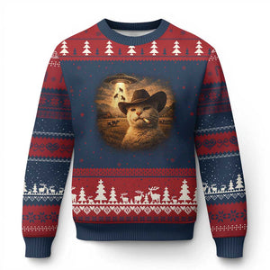 Funny Cowboy Cat UFO Ugly Christmas Sweater Retro Western Rodeo Meme Cats Lover Gift TS10 Navy Red Print Your Wear