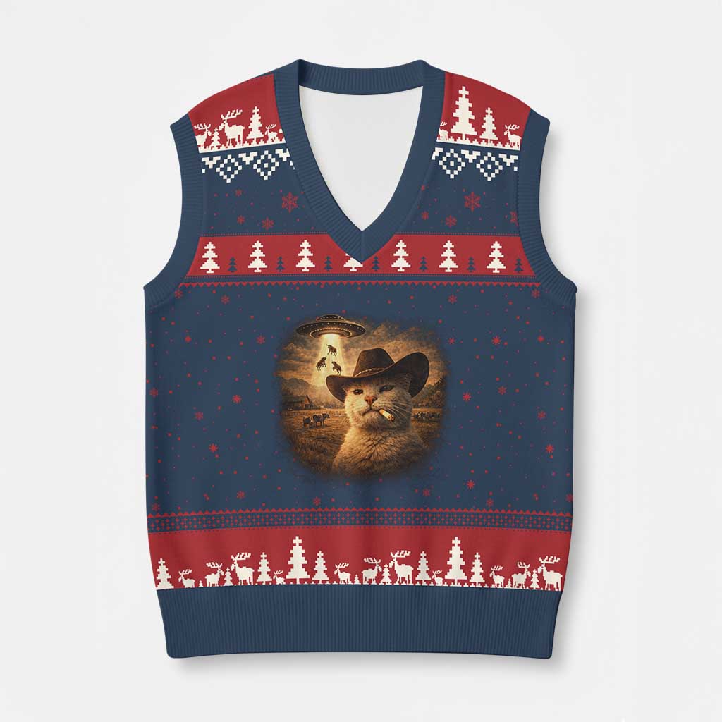 Funny Cowboy Cat UFO V-Neck Knit Sweater Vest Retro Western Rodeo Meme Cats Lover Gift TS10 Navy Red Print Your Wear