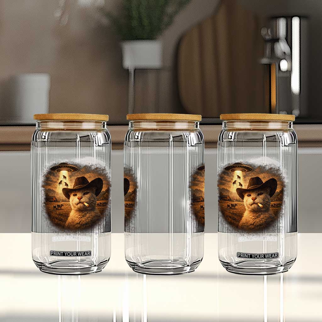 Funny Cowboy Cat UFO Glass Can Retro Western Rodeo Meme Cats Lover Gift TS10 Print Your Wear