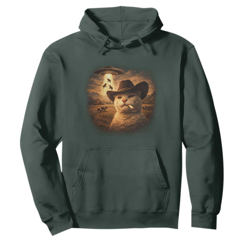 Funny Cowboy Cat UFO Hoodie Retro Western Rodeo Meme Cats Lover Gift TS10 Dark Forest Green Print Your Wear