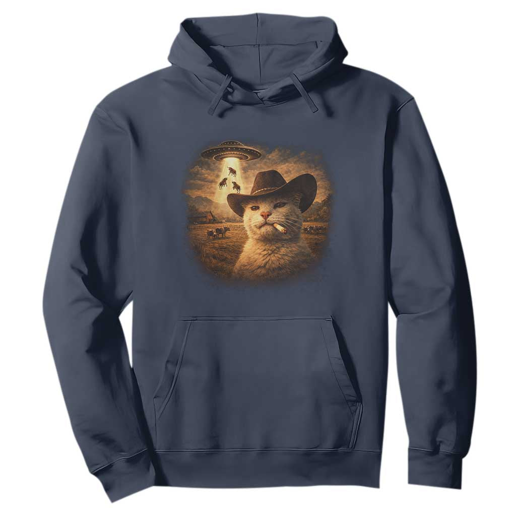 Funny Cowboy Cat UFO Hoodie Retro Western Rodeo Meme Cats Lover Gift TS10 Navy Print Your Wear