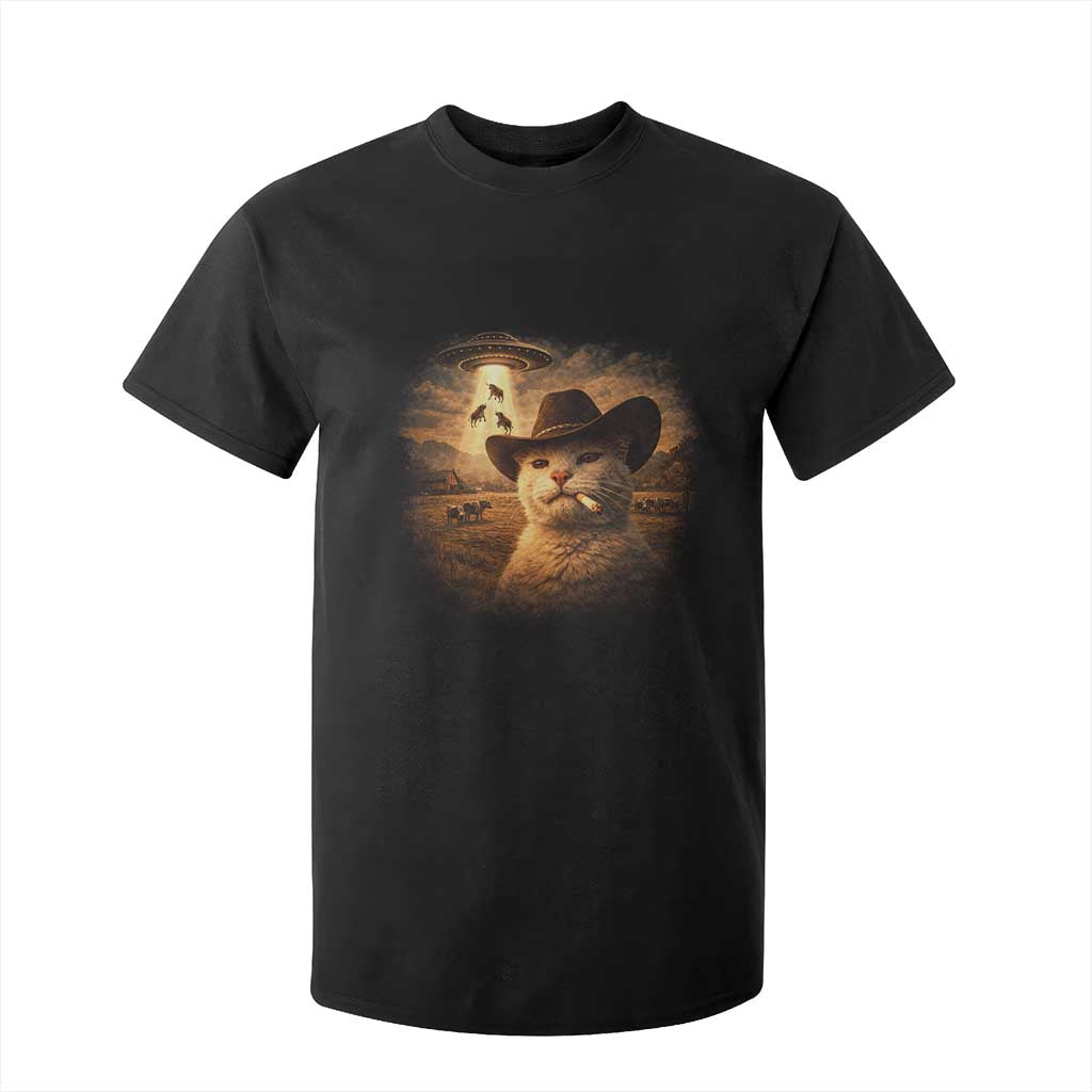 Funny Cowboy Cat UFO T Shirt For Kid Retro Western Rodeo Meme Cats Lover Gift TS10 Black Print Your Wear
