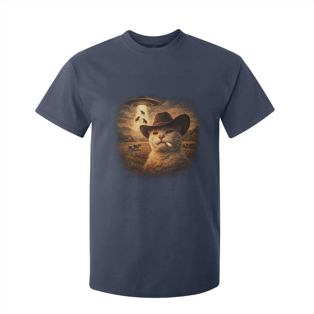 Funny Cowboy Cat UFO T Shirt For Kid Retro Western Rodeo Meme Cats Lover Gift TS10 Navy Print Your Wear