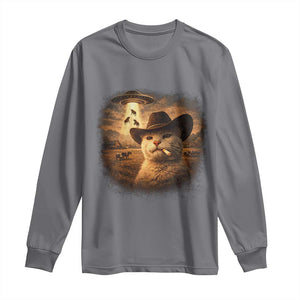 Funny Cowboy Cat UFO Long Sleeve Shirt Retro Western Rodeo Meme Cats Lover Gift TS10 Charcoal Print Your Wear