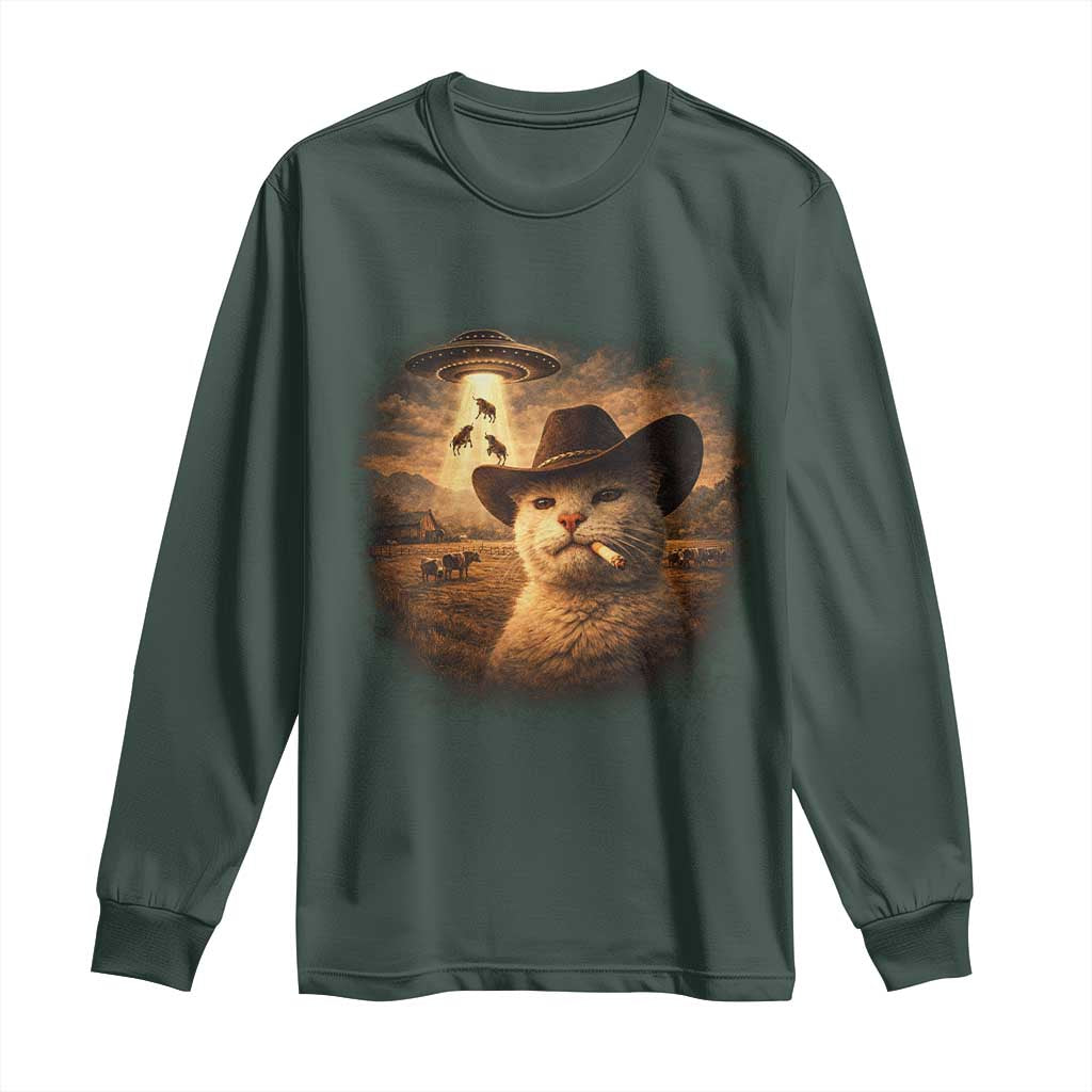 Funny Cowboy Cat UFO Long Sleeve Shirt Retro Western Rodeo Meme Cats Lover Gift TS10 Dark Forest Green Print Your Wear