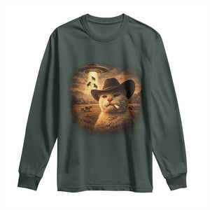 Funny Cowboy Cat UFO Long Sleeve Shirt Retro Western Rodeo Meme Cats Lover Gift TS10 Dark Forest Green Print Your Wear