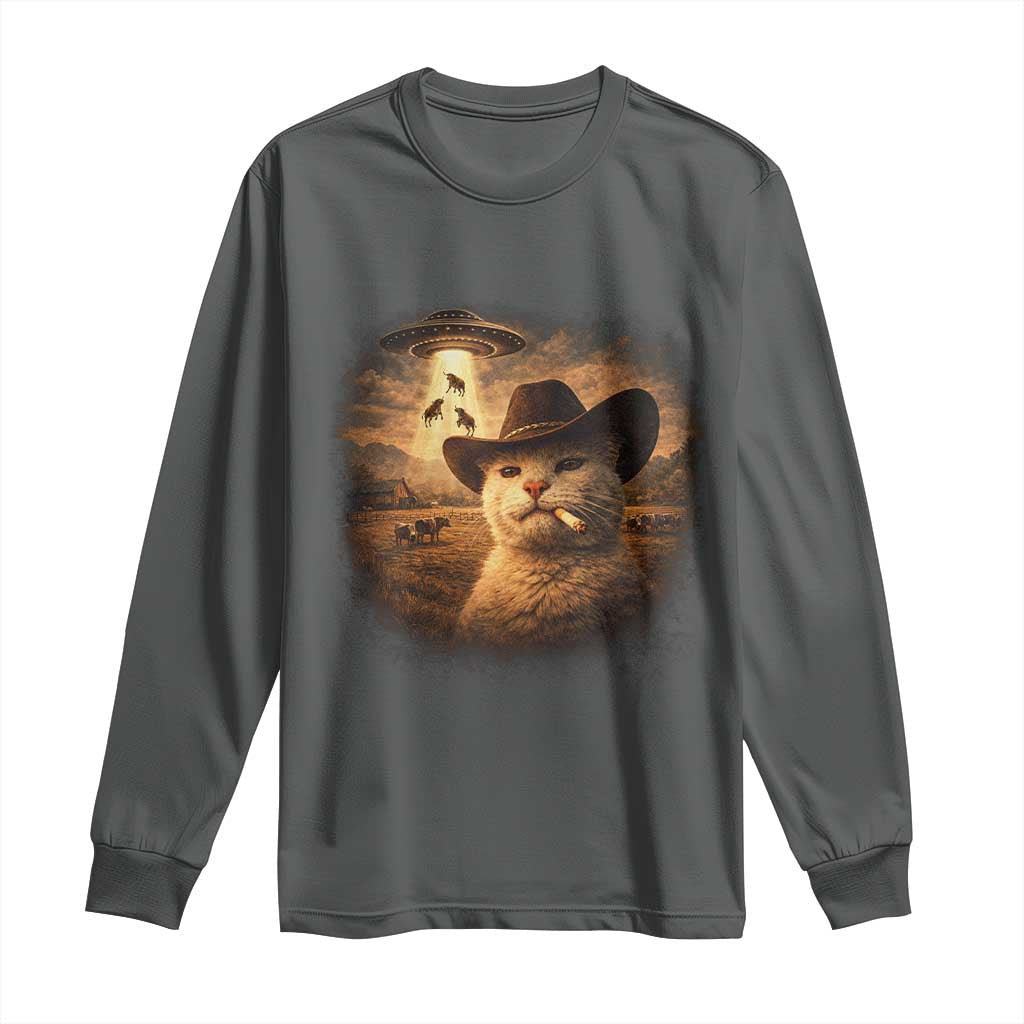 Funny Cowboy Cat UFO Long Sleeve Shirt Retro Western Rodeo Meme Cats Lover Gift TS10 Dark Heather Print Your Wear