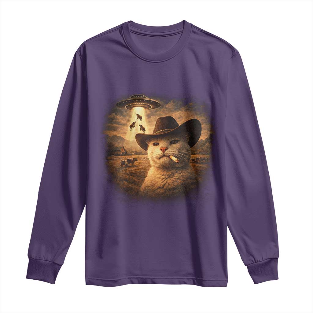 Funny Cowboy Cat UFO Long Sleeve Shirt Retro Western Rodeo Meme Cats Lover Gift TS10 Purple Print Your Wear