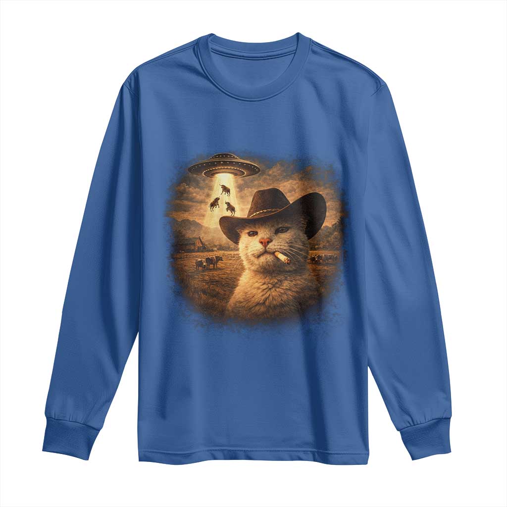 Funny Cowboy Cat UFO Long Sleeve Shirt Retro Western Rodeo Meme Cats Lover Gift TS10 Royal Blue Print Your Wear