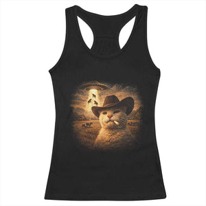 Funny Cowboy Cat UFO Racerback Tank Top Retro Western Rodeo Meme Cats Lover Gift TS10 Black Print Your Wear
