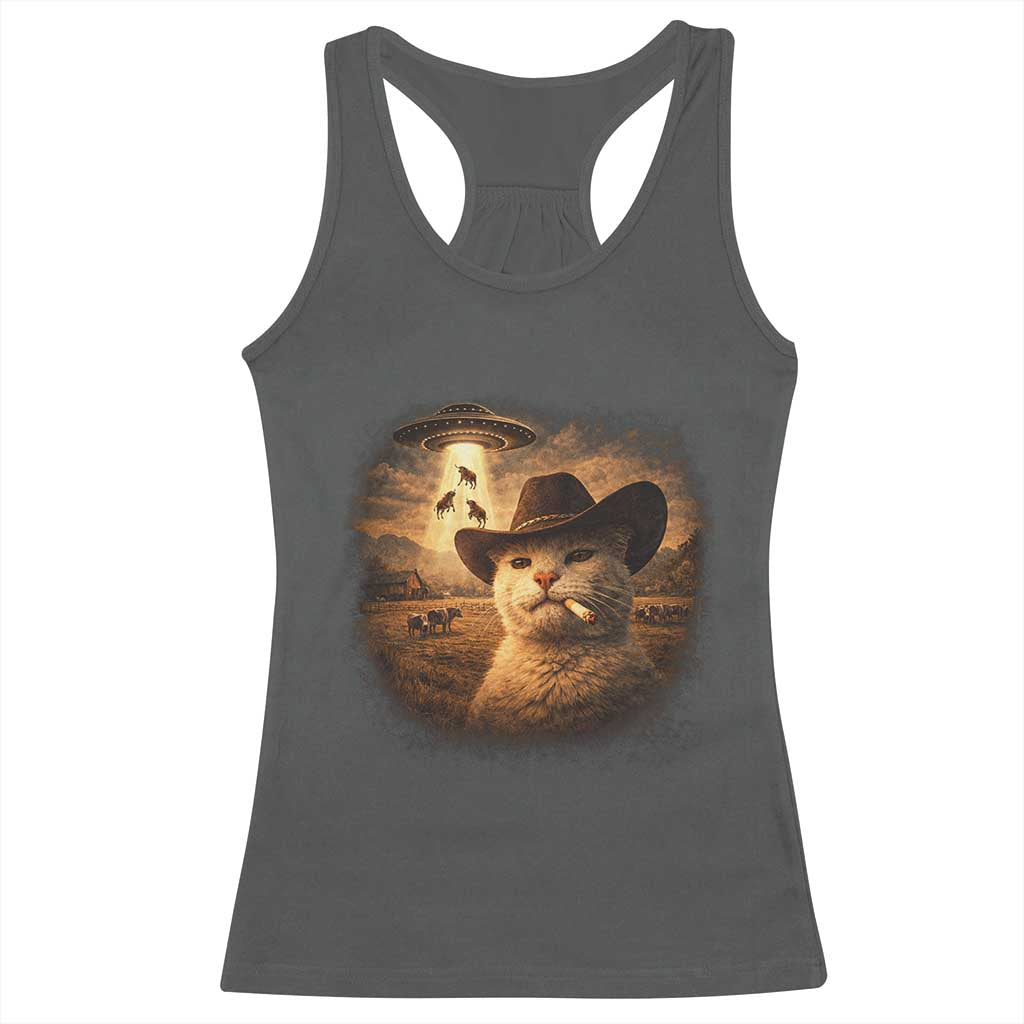 Funny Cowboy Cat UFO Racerback Tank Top Retro Western Rodeo Meme Cats Lover Gift TS10 Dark Heather Print Your Wear