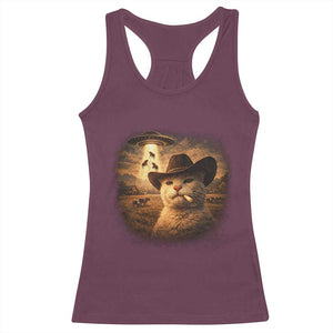 Funny Cowboy Cat UFO Racerback Tank Top Retro Western Rodeo Meme Cats Lover Gift TS10 Maroon Print Your Wear