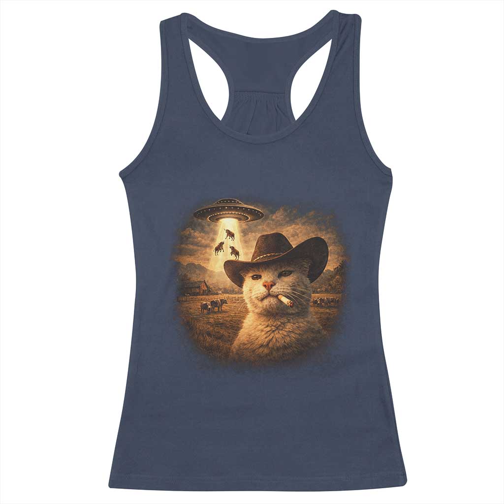 Funny Cowboy Cat UFO Racerback Tank Top Retro Western Rodeo Meme Cats Lover Gift TS10 Navy Print Your Wear