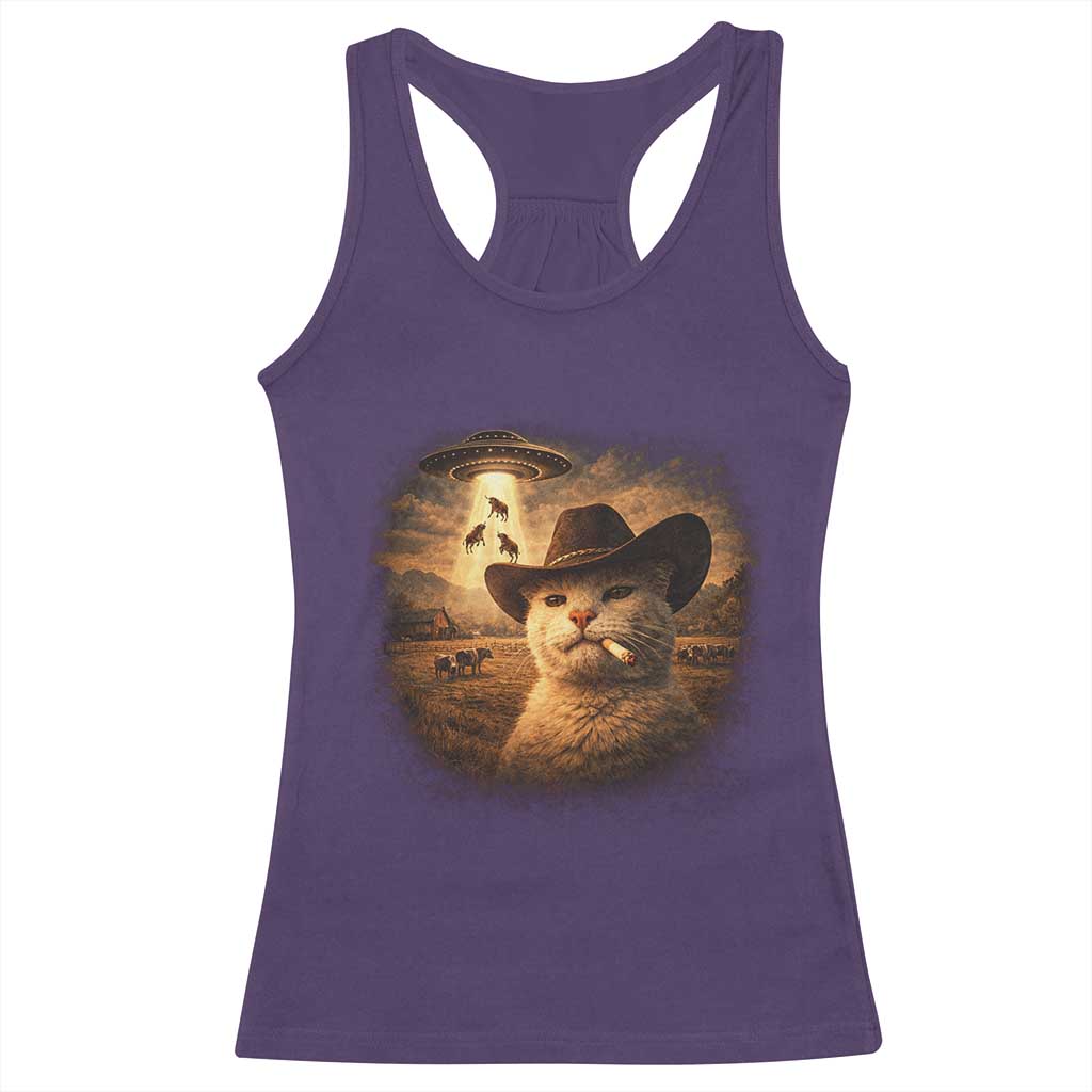 Funny Cowboy Cat UFO Racerback Tank Top Retro Western Rodeo Meme Cats Lover Gift TS10 Purple Print Your Wear