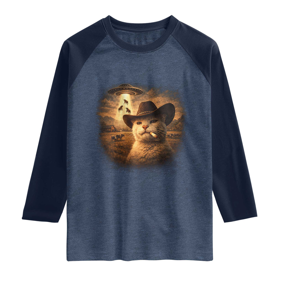 Funny Cowboy Cat UFO Raglan Shirt Retro Western Rodeo Meme Cats Lover Gift TS10 Heather Denim Navy Print Your Wear