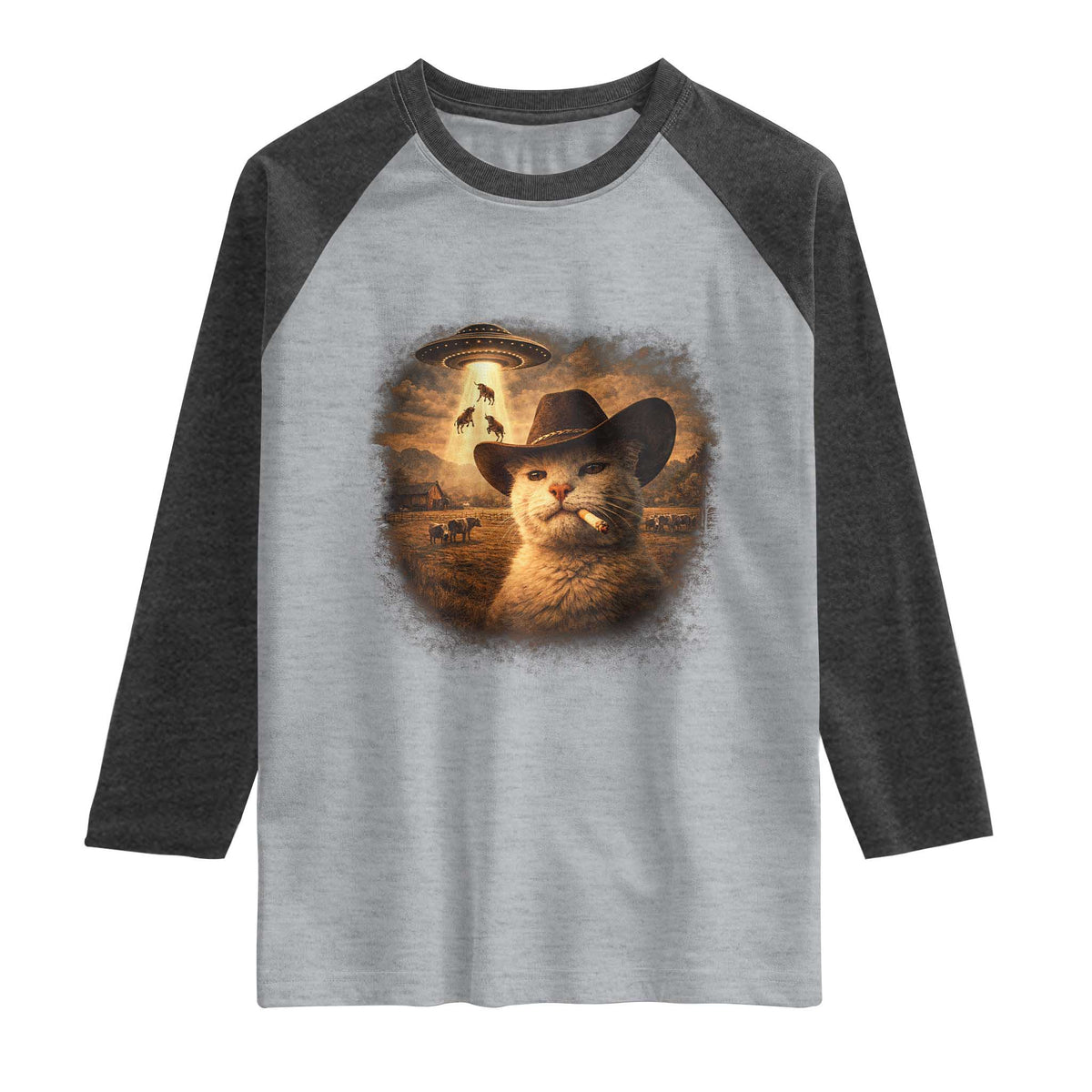 Funny Cowboy Cat UFO Raglan Shirt Retro Western Rodeo Meme Cats Lover Gift TS10 Heather Gray Heather Charcoal Print Your Wear