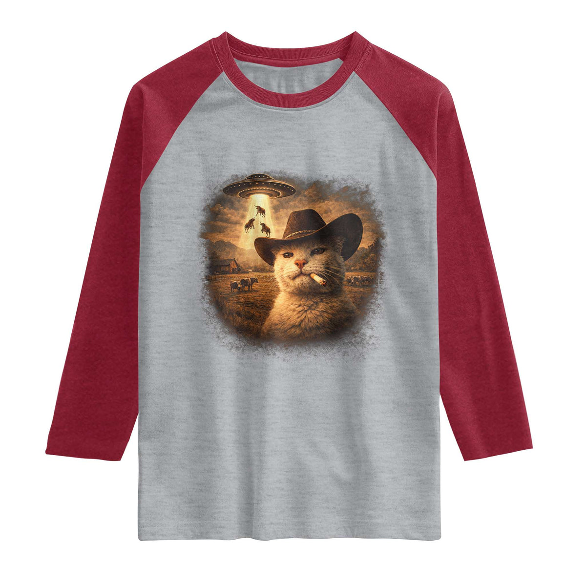 Funny Cowboy Cat UFO Raglan Shirt Retro Western Rodeo Meme Cats Lover Gift TS10 Heather Gray Heather Red Print Your Wear