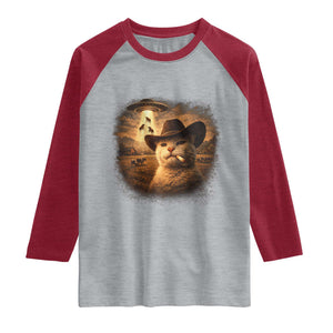 Funny Cowboy Cat UFO Raglan Shirt Retro Western Rodeo Meme Cats Lover Gift TS10 Heather Gray Heather Red Print Your Wear
