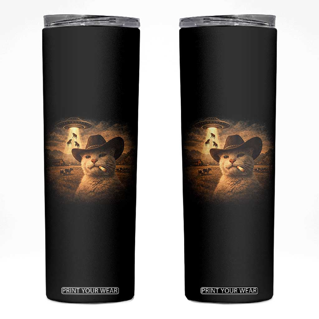 Funny Cowboy Cat UFO Skinny Tumbler Retro Western Rodeo Meme Cats Lover Gift TS10 Black Print Your Wear