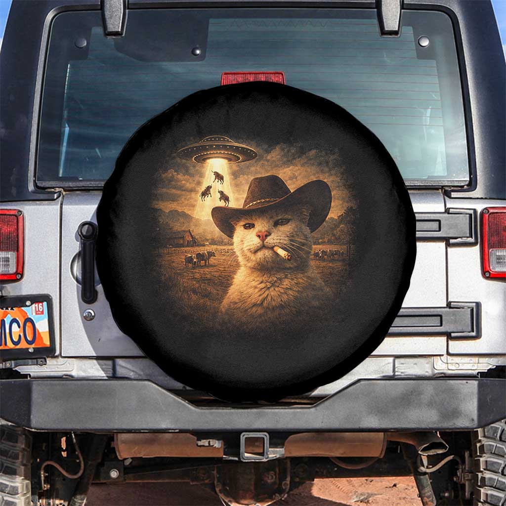 Funny Cowboy Cat UFO Spare Tire Cover Retro Western Rodeo Meme Cats Lover Gift TS10 No hole Black Print Your Wear