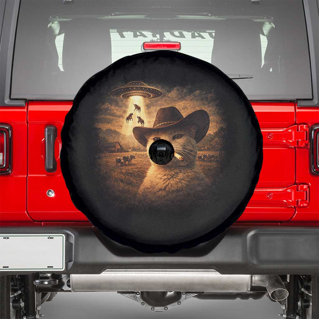 Funny Cowboy Cat UFO Spare Tire Cover Retro Western Rodeo Meme Cats Lover Gift TS10 Black Print Your Wear