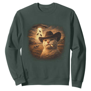 Funny Cowboy Cat UFO Sweatshirt Retro Western Rodeo Meme Cats Lover Gift TS10 Dark Forest Green Print Your Wear