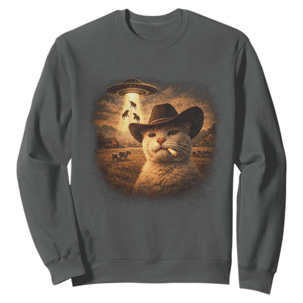 Funny Cowboy Cat UFO Sweatshirt Retro Western Rodeo Meme Cats Lover Gift TS10 Dark Heather Print Your Wear