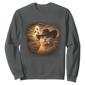 Funny Cowboy Cat UFO Sweatshirt Retro Western Rodeo Meme Cats Lover Gift TS10 Dark Heather Print Your Wear