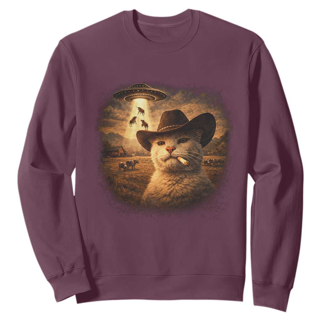 Funny Cowboy Cat UFO Sweatshirt Retro Western Rodeo Meme Cats Lover Gift TS10 Maroon Print Your Wear