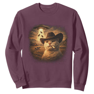 Funny Cowboy Cat UFO Sweatshirt Retro Western Rodeo Meme Cats Lover Gift TS10 Maroon Print Your Wear