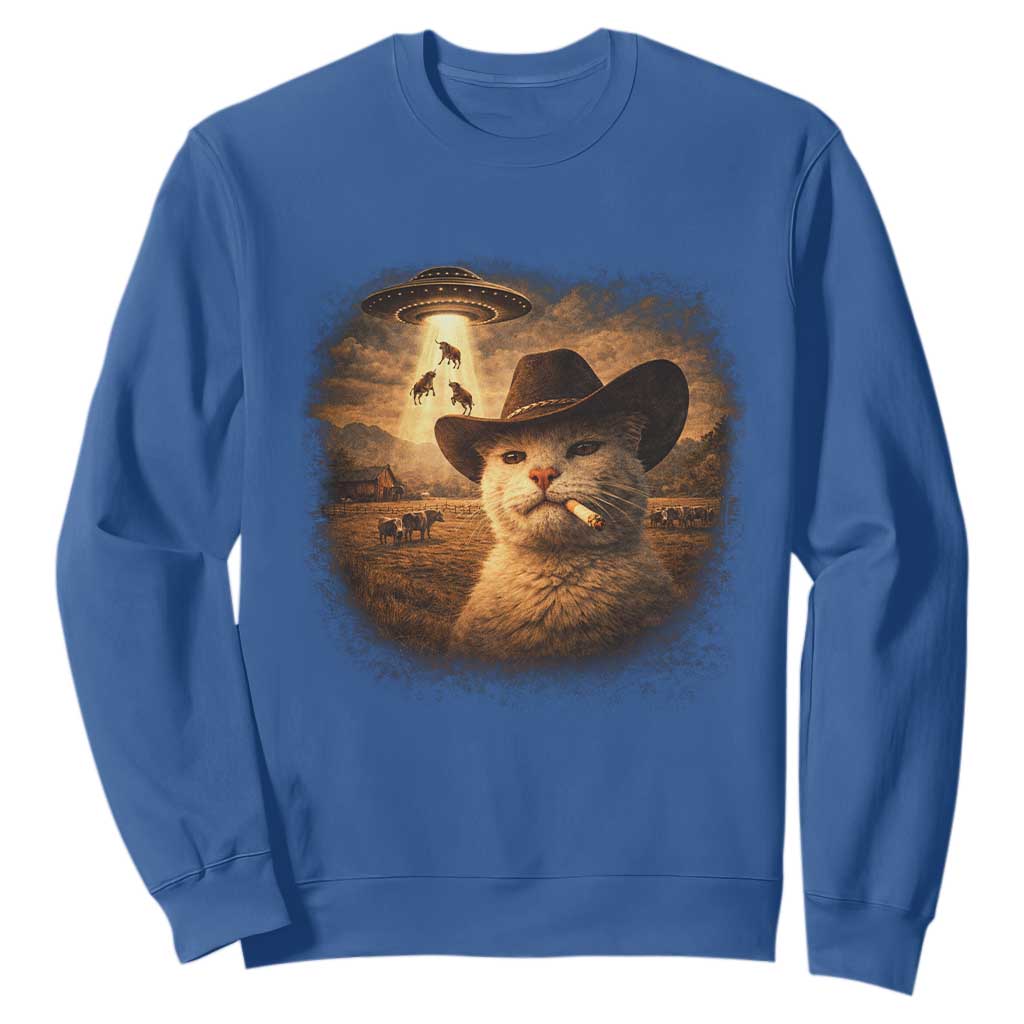 Funny Cowboy Cat UFO Sweatshirt Retro Western Rodeo Meme Cats Lover Gift TS10 Royal Blue Print Your Wear