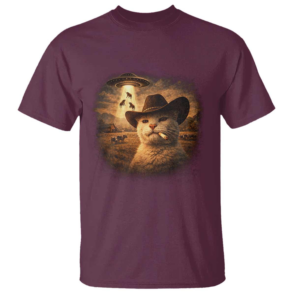 Funny Cowboy Cat UFO T Shirt Retro Western Rodeo Meme Cats Lover Gift TS10 Maroon Print Your Wear