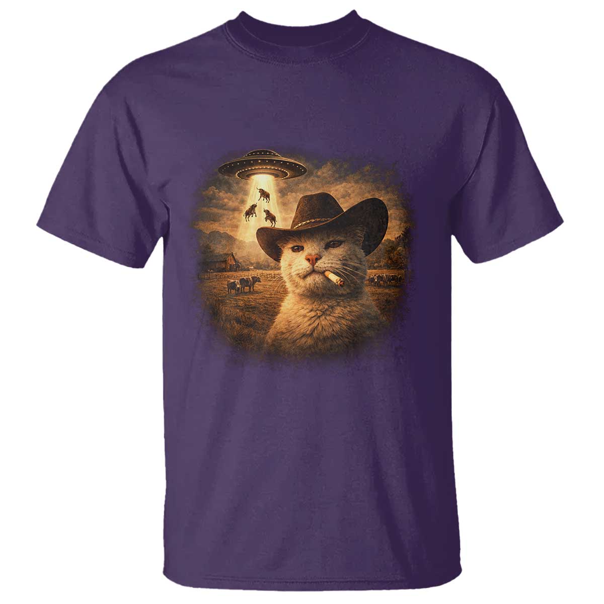 Funny Cowboy Cat UFO T Shirt Retro Western Rodeo Meme Cats Lover Gift TS10 Purple Print Your Wear