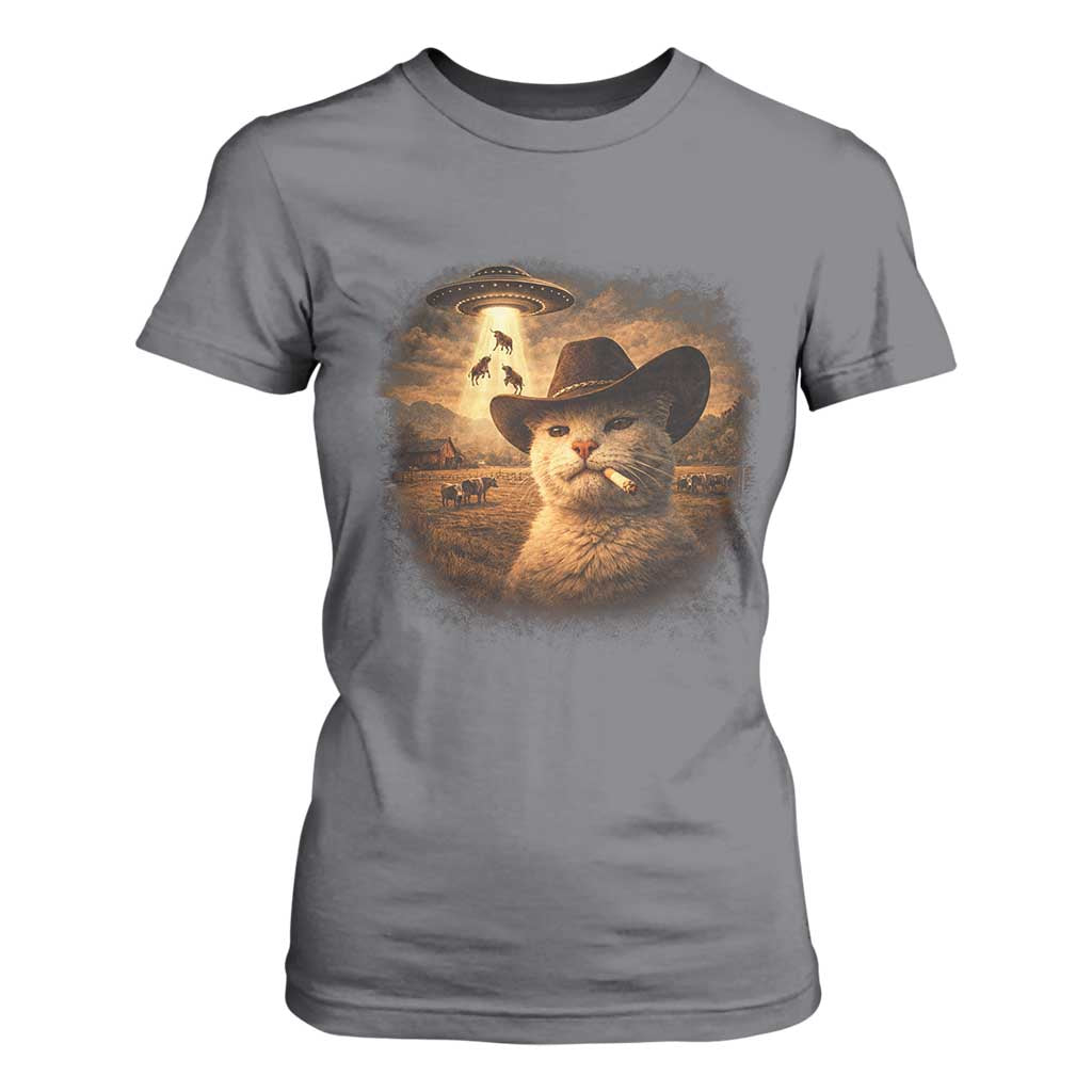 Funny Cowboy Cat UFO T Shirt For Women Retro Western Rodeo Meme Cats Lover Gift TS10 Charcoal Print Your Wear