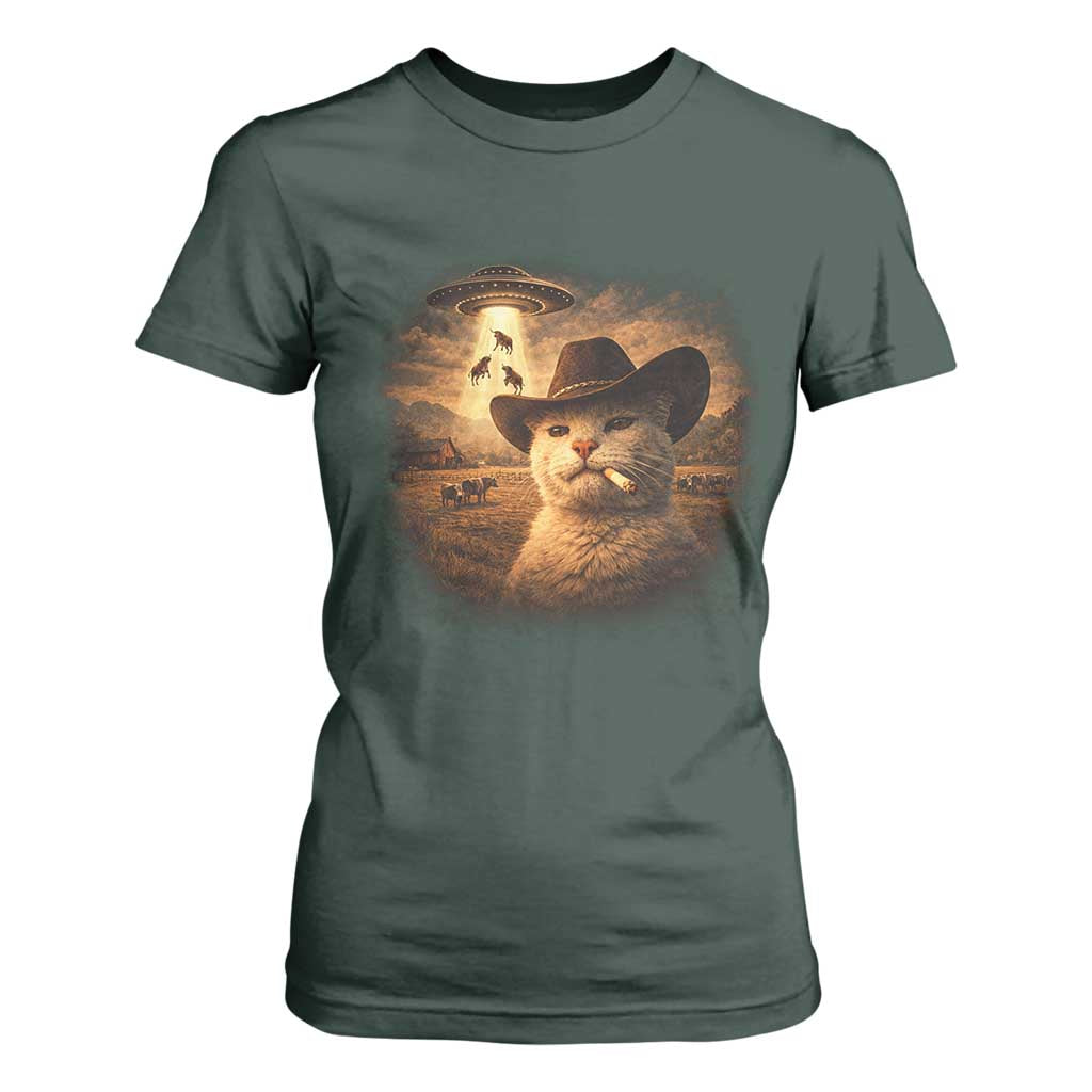 Funny Cowboy Cat UFO T Shirt For Women Retro Western Rodeo Meme Cats Lover Gift TS10 Dark Forest Green Print Your Wear