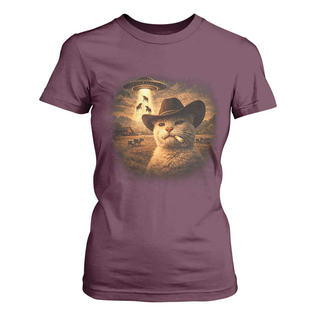 Funny Cowboy Cat UFO T Shirt For Women Retro Western Rodeo Meme Cats Lover Gift TS10 Maroon Print Your Wear
