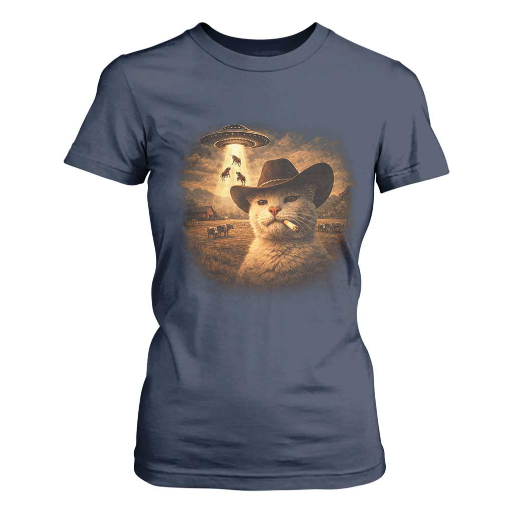 Funny Cowboy Cat UFO T Shirt For Women Retro Western Rodeo Meme Cats Lover Gift TS10 Navy Print Your Wear