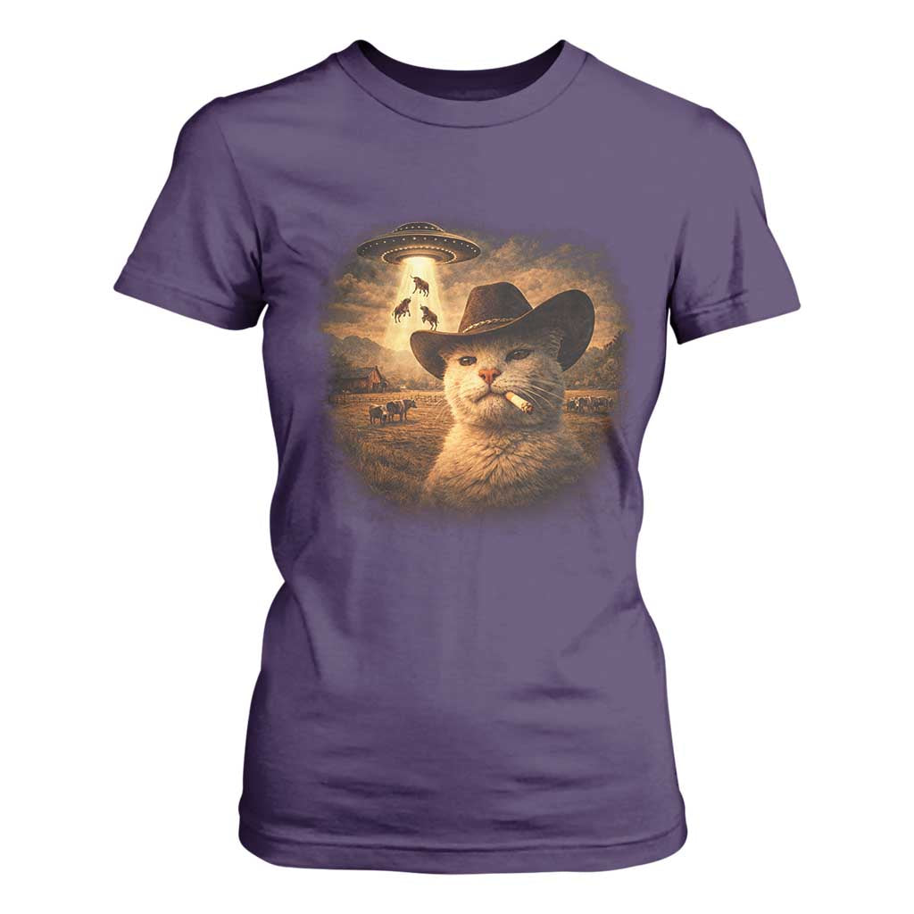 Funny Cowboy Cat UFO T Shirt For Women Retro Western Rodeo Meme Cats Lover Gift TS10 Purple Print Your Wear