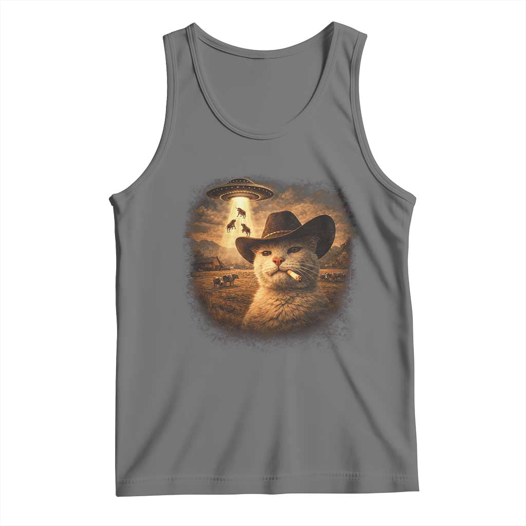 Funny Cowboy Cat UFO Tank Top Retro Western Rodeo Meme Cats Lover Gift TS10 Black Heather Print Your Wear