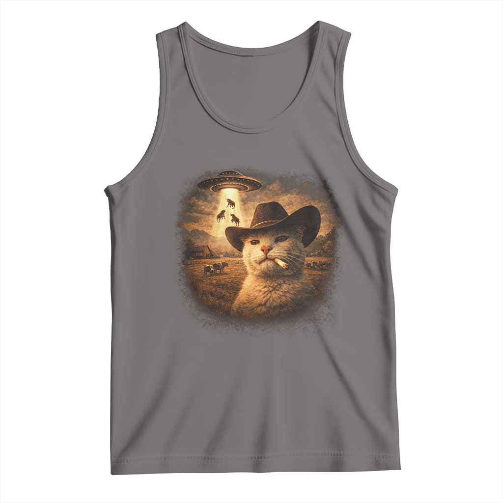 Funny Cowboy Cat UFO Tank Top Retro Western Rodeo Meme Cats Lover Gift TS10 Deep Heather Print Your Wear