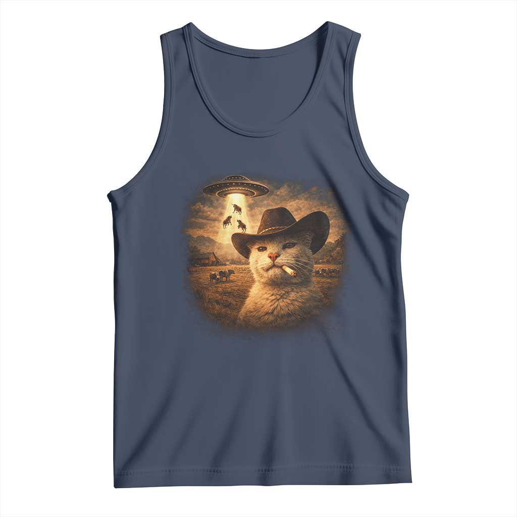 Funny Cowboy Cat UFO Tank Top Retro Western Rodeo Meme Cats Lover Gift TS10 Navy Print Your Wear